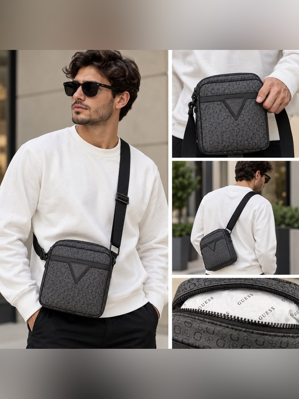 GUESS Black Monogram Crossbody Belt Bag for Men